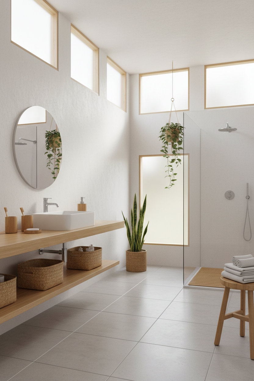 Baño minimalista con elementos eco de bambú - formato móvil