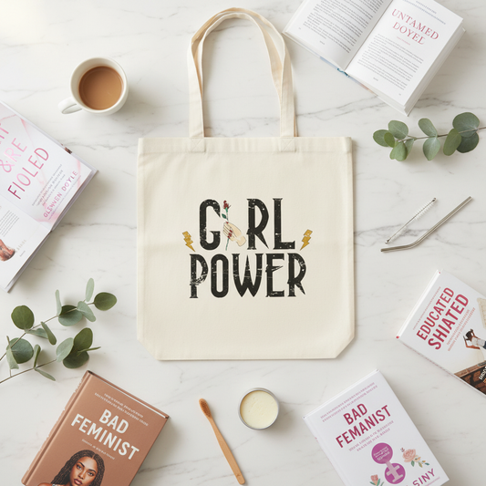Flat lay with feminist tote and books