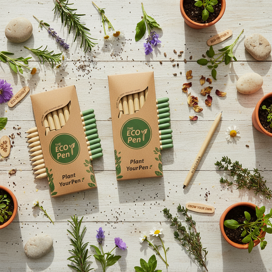 Plantable Seed Pens Flat Lay with Natural Elements